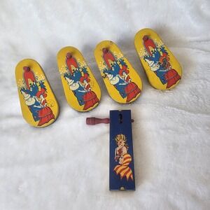 Vintage Kirchhof Tin Litho Noisemaker Set 5pc Pierrot Clown Jester 1928 Patented